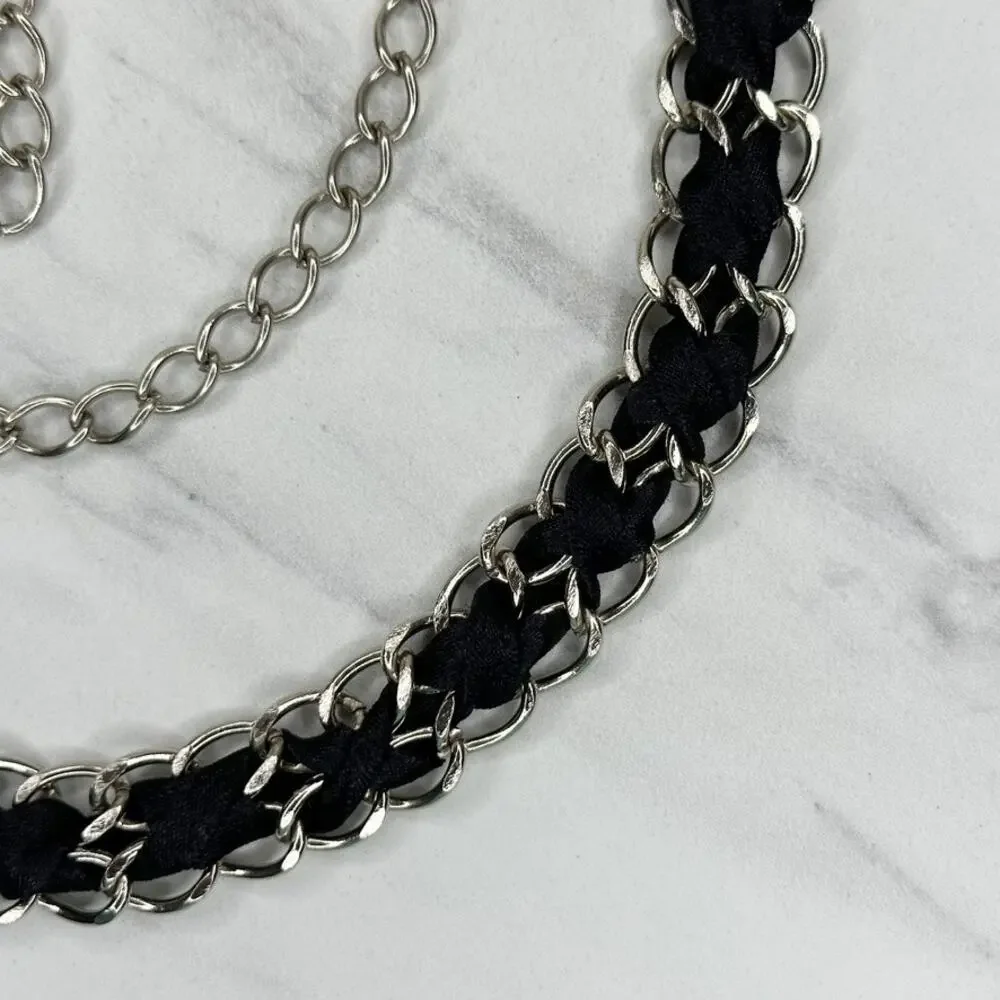 Black Ribbon Woven Silver Tone Chain Link Belt One Size (OS) ✨